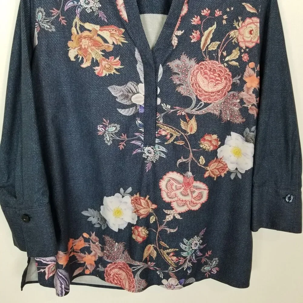 Chico's Women's No-Iron Stretch Flower Print Tunic Top Sz 18 Blue Casual‎ Office - Picture 3 of 8